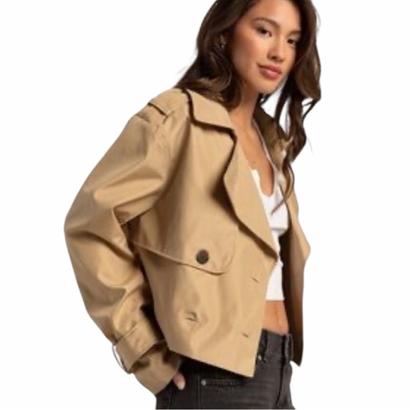 STOOSH Tan Crop Utility Trench Coat Double Breasted Oversized Minimalist Modern - Picture 4 of 12